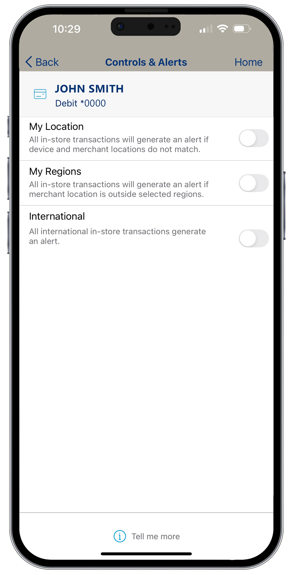 Location toggles for My Location, My Regions and Block International Transactions